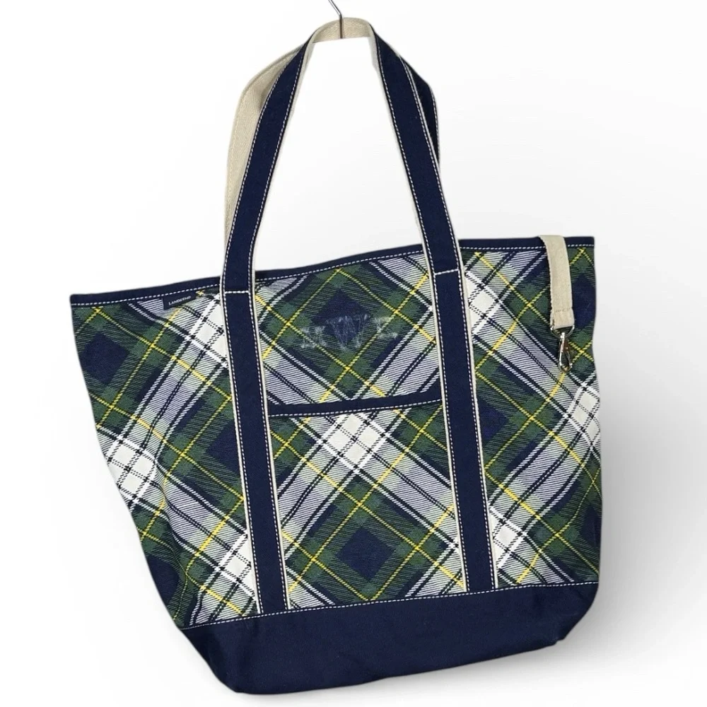 Lands End Plaid Blue Green White Large Size Bucket Tote Beach Travel Car Bag